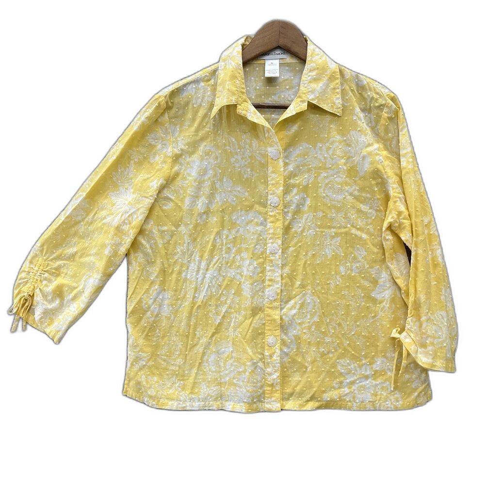 Women’s Cotton Blouse Yellow White 3/4 Sleeve Button Up Drawstring Cuffs
